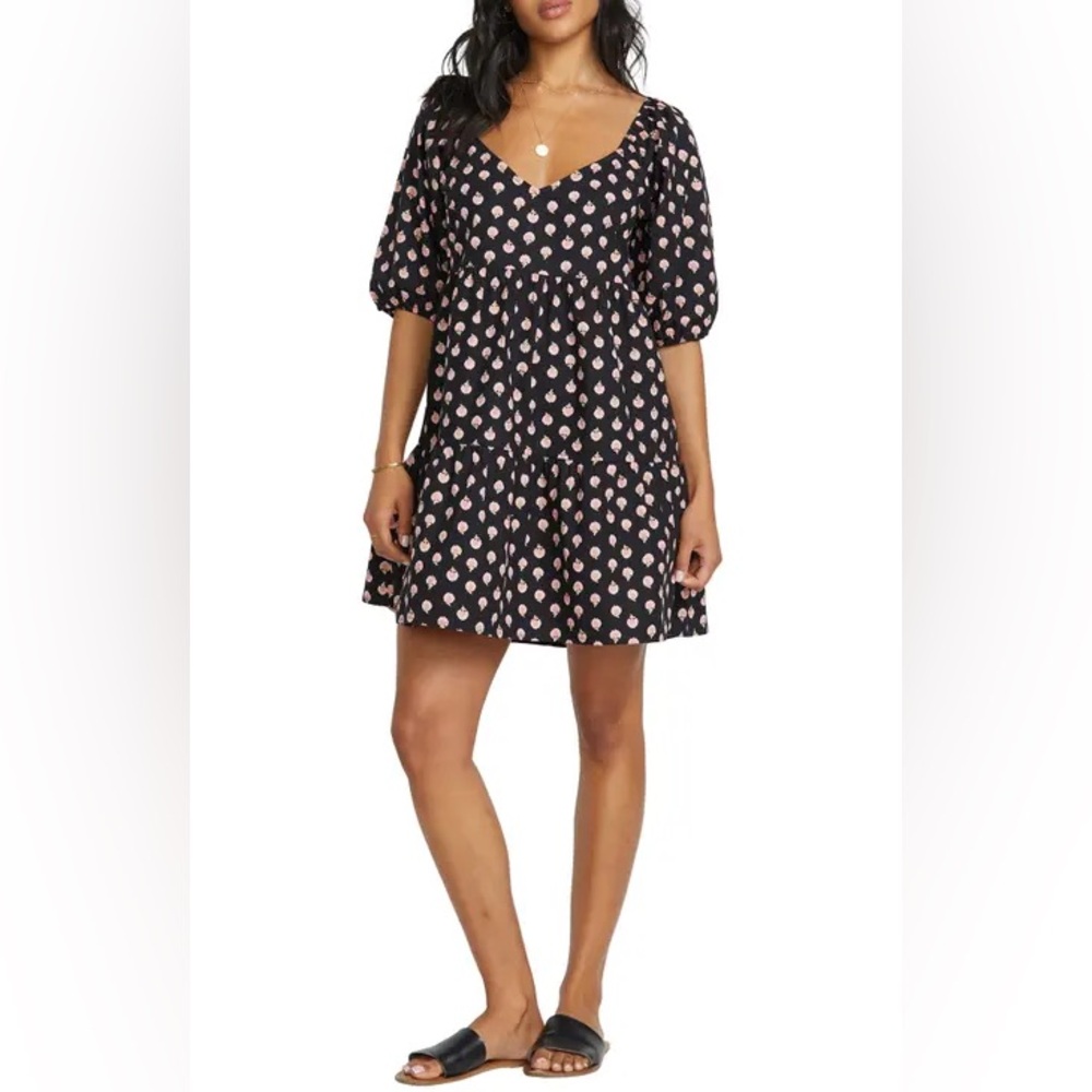 Billabong 100% Cotton Black and Pink Floral Medium Dress